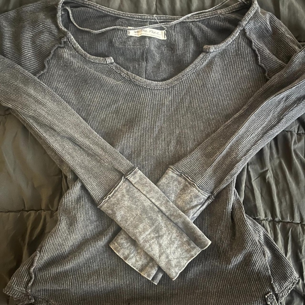 Free People Faded Charcoal Waffle Long Sleeve Top
